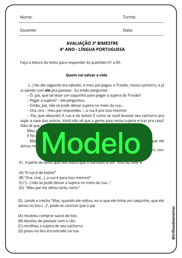 4° ANO – AVALIAÇÃO DE LÍNGUA PORTUGUESA 3° BIMESTRE – TRILHAS DO ENSINAR